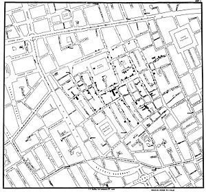 Original map by Dr. John Snow showing the clusters of cholera cases in the London epidemic of 1854