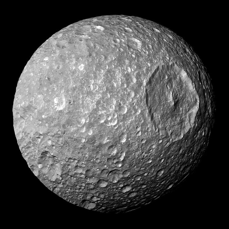 Saturn's moon Mimas, seen from the Cassini spacecraft.