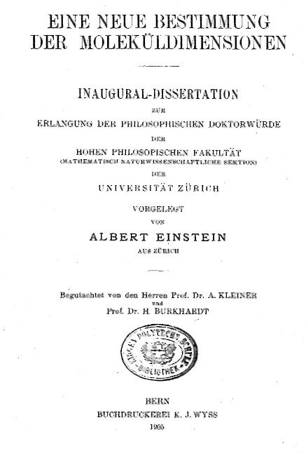 Einstein's Dissertation Front Page