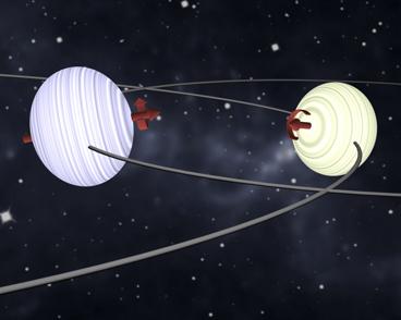 The two bluish stars of the DI Her binary system orbit each other practically on their sides. (S. Albrecht)