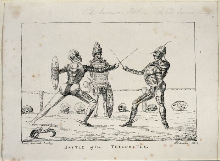 An English print (ca 1844-1847) by artist Gideon Algernon Mantell of Two men dueling, dressed in armour comprising trilobite exoskeletons, being watched by a third man dressed as a medieval herald, but with a shell instead of a helmet, while a row of spectators with fossils and shells for hats observes, via Wikimedia Commons