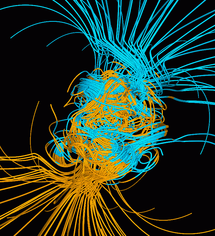 A supercomputer model of flow patterns in Earth's liquid core, by Dr. Gary A. Glatzmaier - Los Alamos National Laboratory - U.S. Department of Energy, via Wikimedia Commons