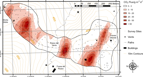 The distribution of CO2 flux around Favara Grande, Pantelleria