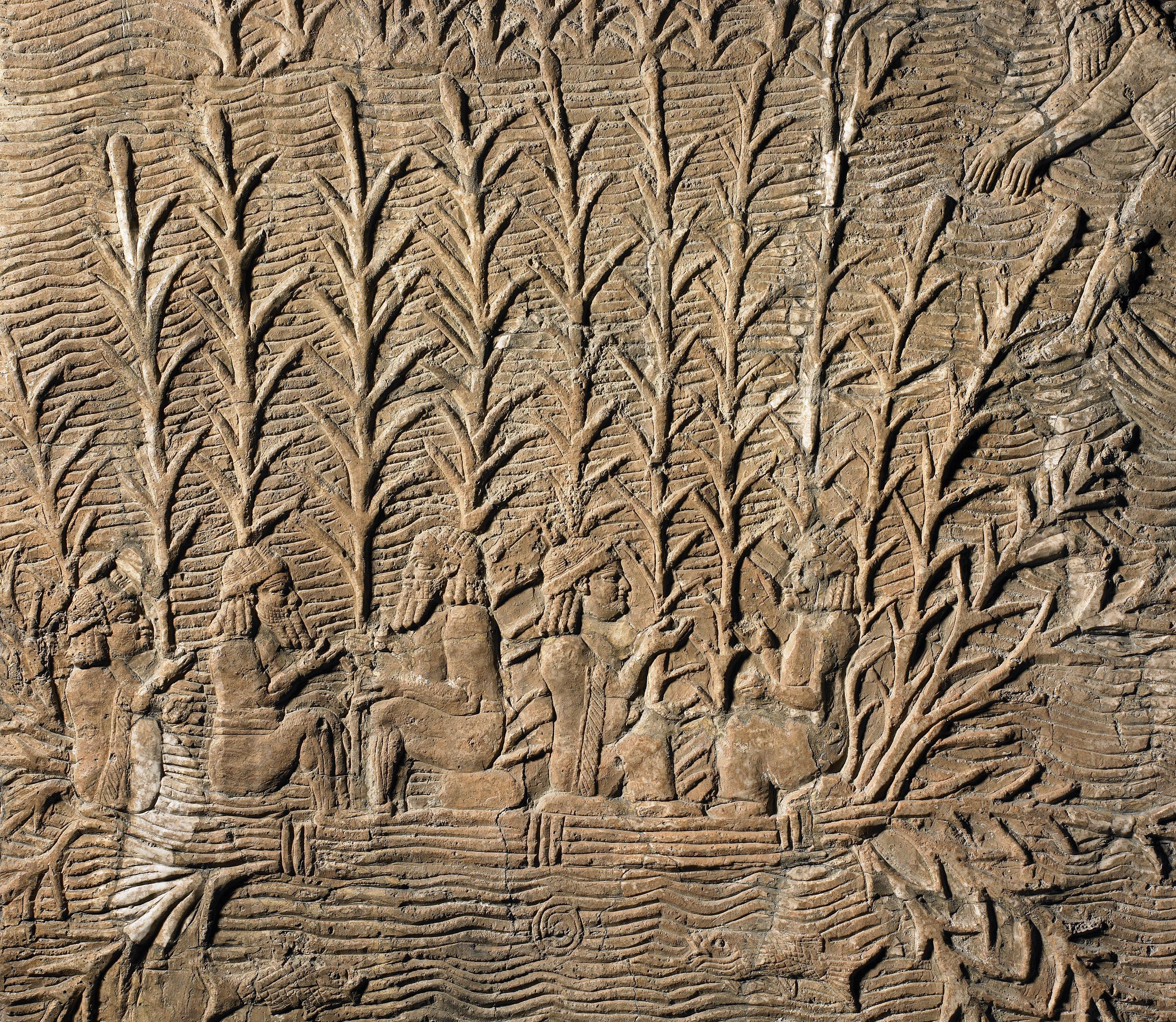 An ancient stone carving showing people in vegetation.
