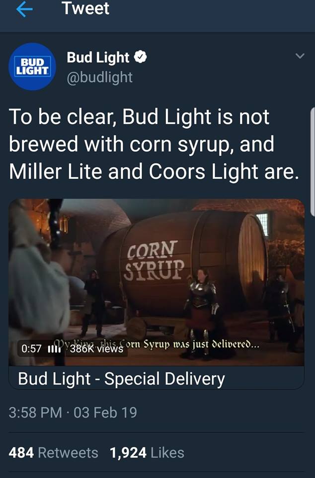 Dear Bud Light: Your Sugar Is Not Superior To Their Sugar - Yeast Can't Tell And Neither Can Humans