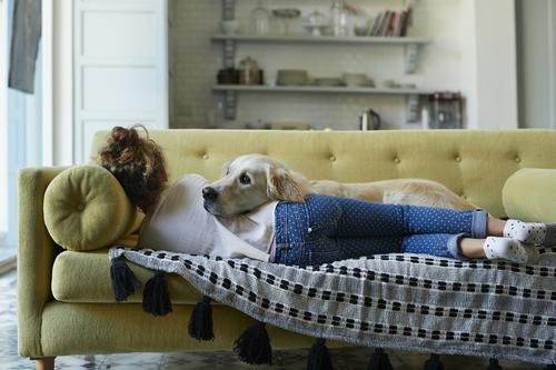 woman lying on couch with dog