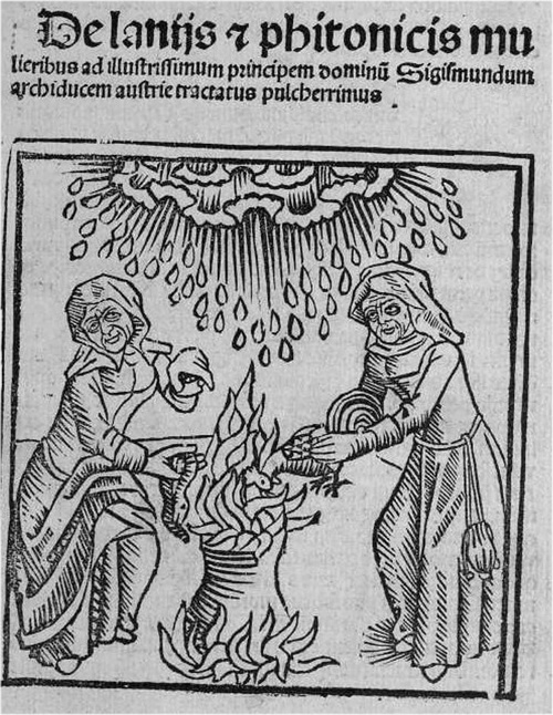 Illustration of witches with a cauldron and rain.