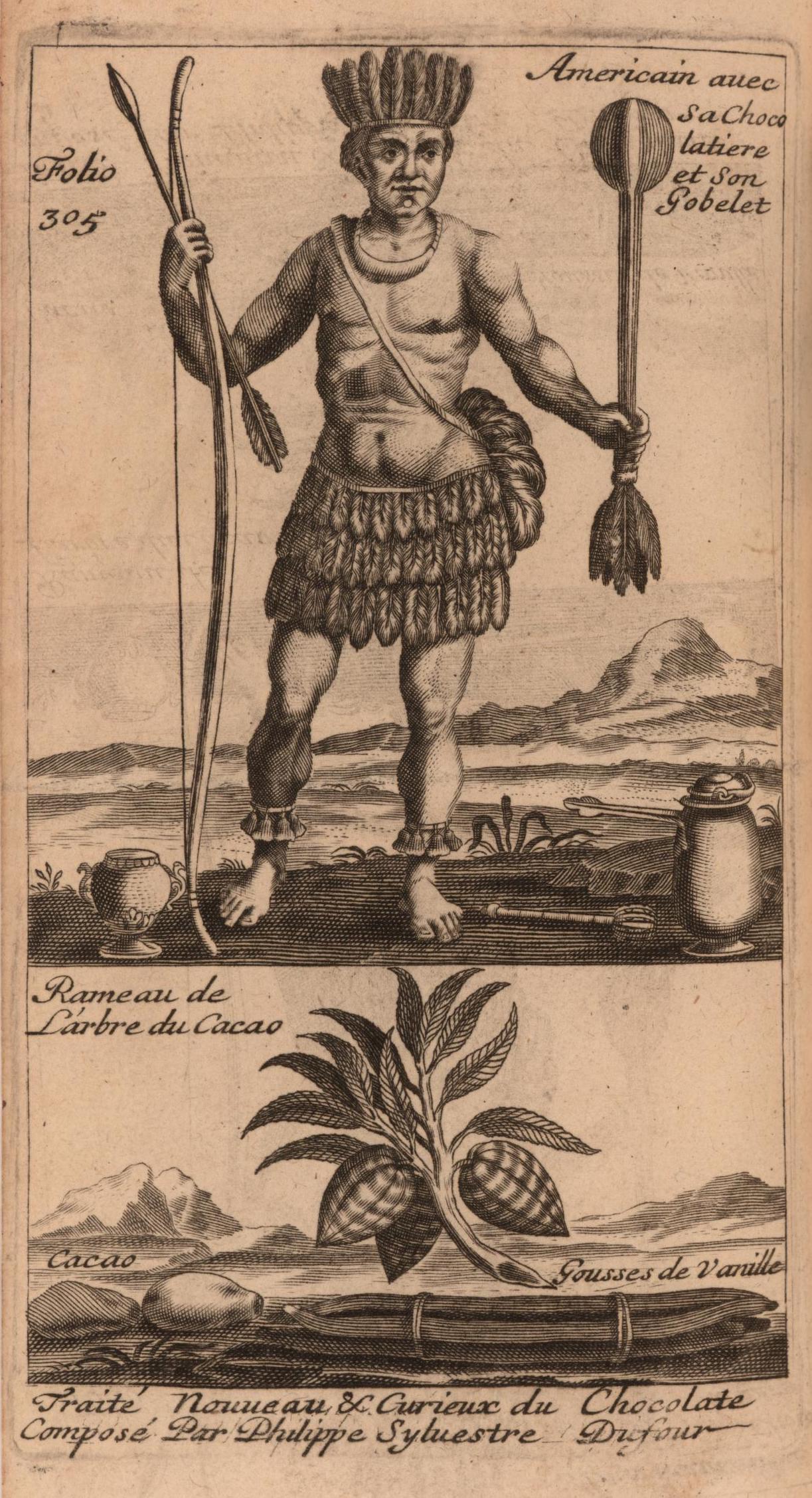 A sepia tinted printed drawing of a Mesoamerican era man holding a