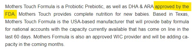 Mother’s Touch Formula: Probiotic, Prebiotic, Non-GMO, And Lying About FDA 'Approval'