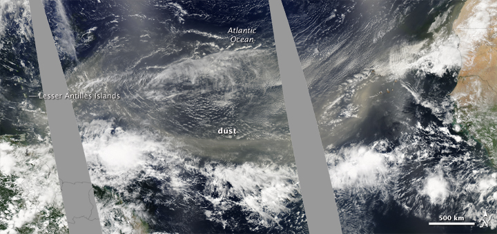 Saharan Dust Reaches Across Atlantic Ocean, as captured by MODIS
