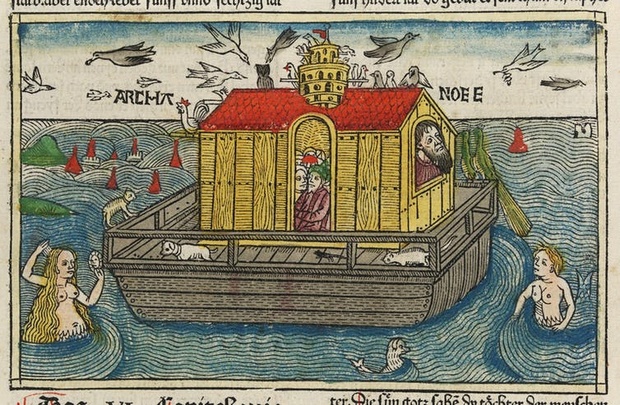 Woodcut of Noah's Ark in the water.