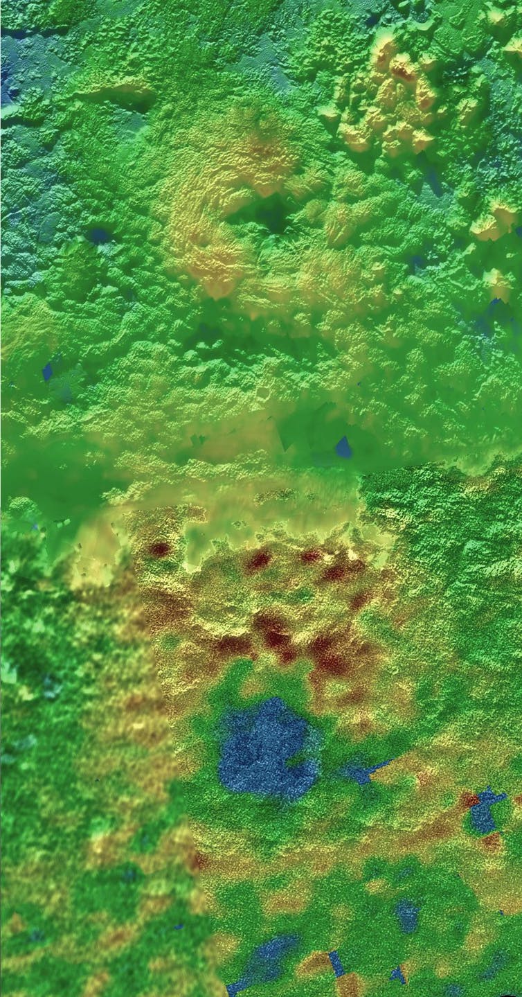 Height map showing the ring-like Wright Mons in the northern half and the even larger Piccard Mons in the southern half.