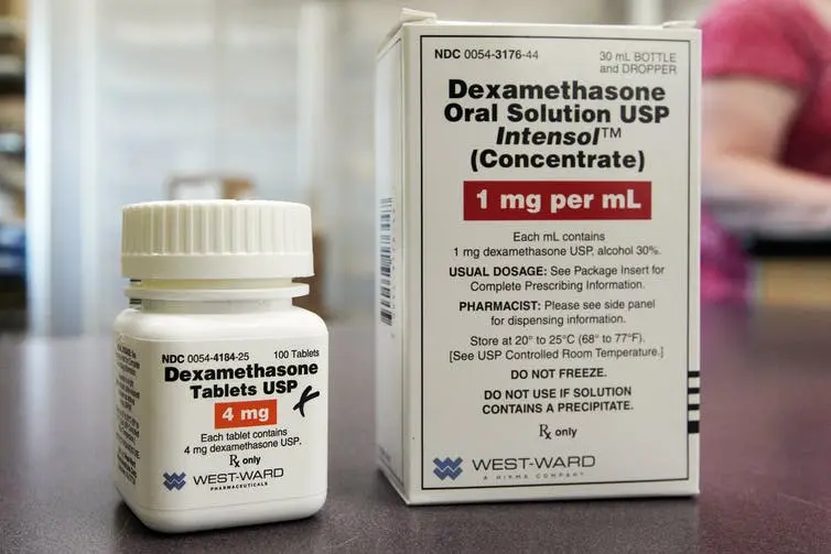 A photo showing a bottle of dexamethasone. A photo showing a bottle of dexamethasone.