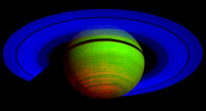 false-color composite image shows Saturn's rings and southern hemisphere false-color composite image shows Saturn's rings and southern hemisphere